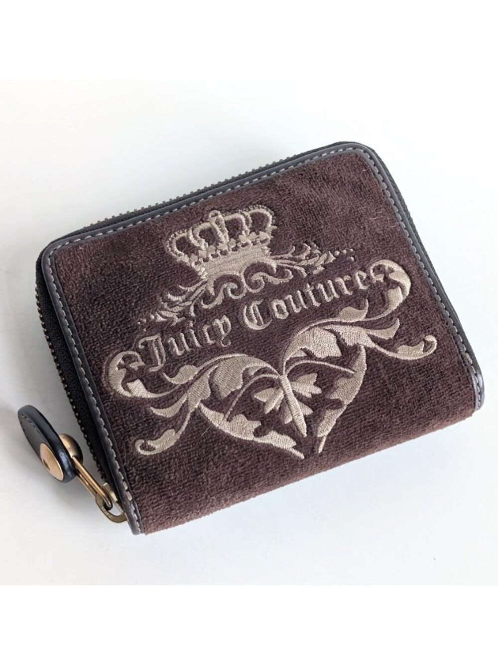 Juicy Couture Brown Wallet Vintage Embroidered Princess Crown Logo Velour Zipper - Picture 2 of 13